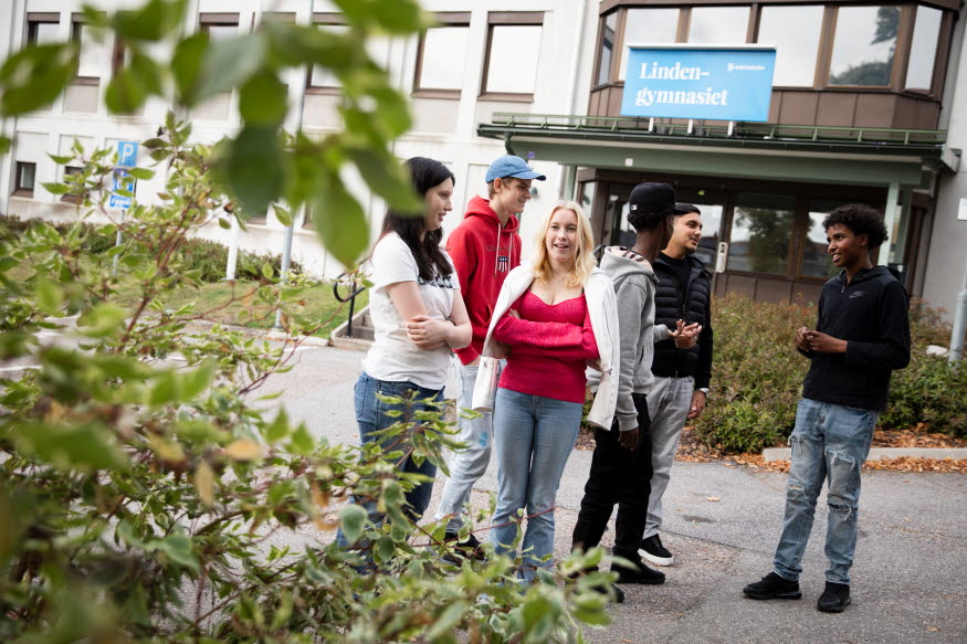 Elever umgås utanför Lindengymnasiets entré.