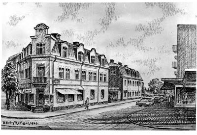 Kolteckning av Edvin Axelssonföre 1969 Köpmangatan-Hantverkaregatan,