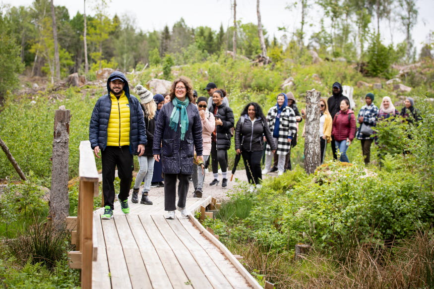 En grupp vandrar på bro i naturen. 
