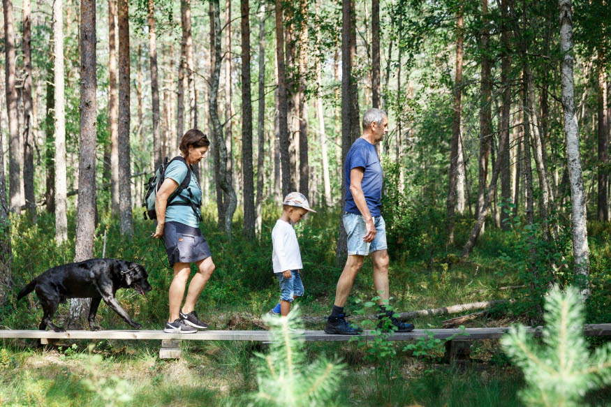 Tre personer, två vuxna och ett barn vandrar på en spång i naturen. De har en hund med sig.